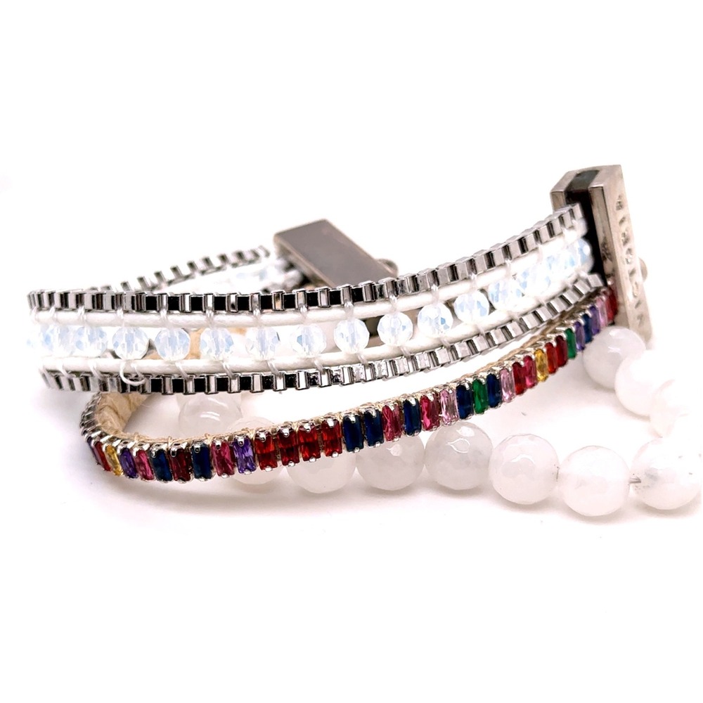 Victoria Emerson Rainbow Crystal White Bead Multi Strand Cuff Bracelet 7.25-8.5"